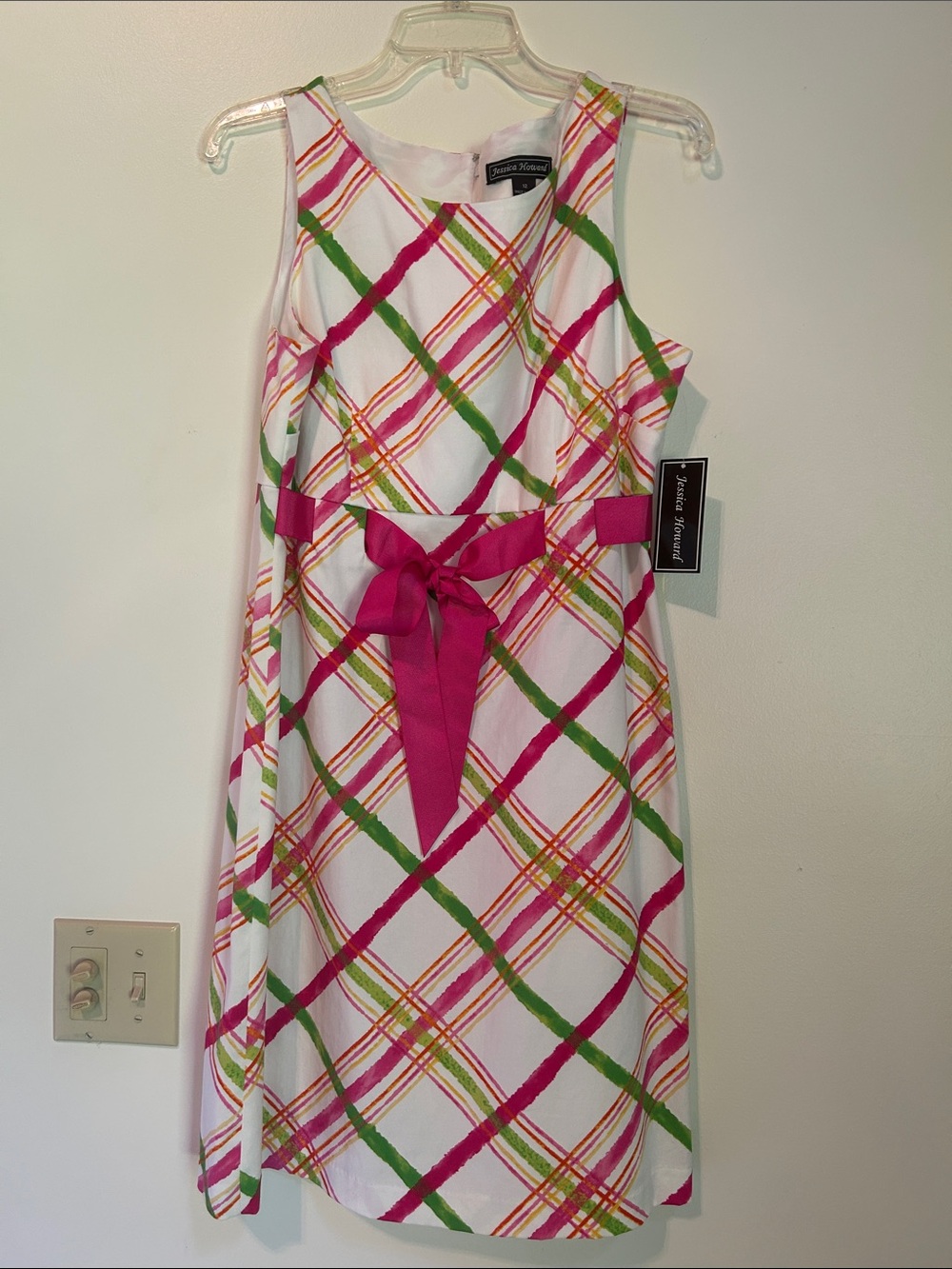 Jessica Howard White Dress with Pink & Green Plaid and Pink Waist Bow